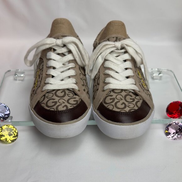 GUESS Beige Monogram Canvas Low Top Sneakers Women’s 9M - Picture 3 of 11